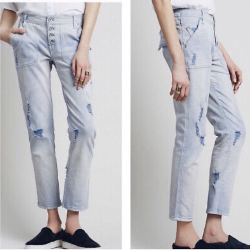 Free People Solid Blue Mountaineer Relaxed Fit Button Fly Distressed Denim Jeans - Picture 3 of 11